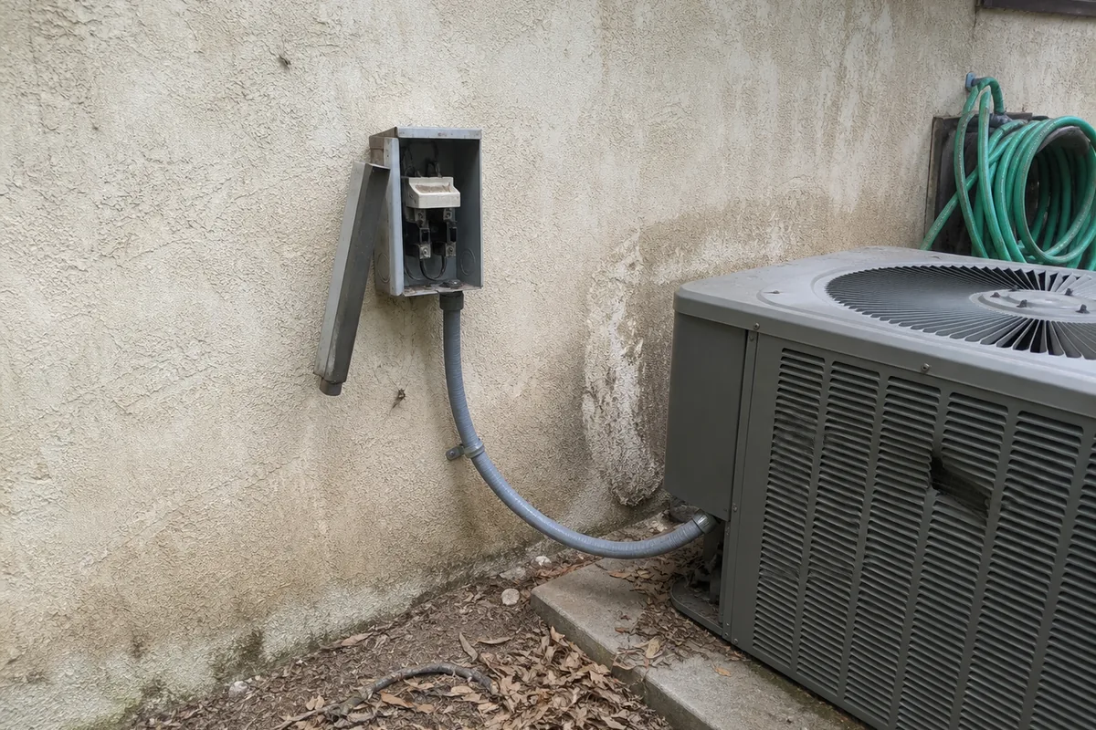 An open electrical disconnect box on a stucco wall beside an outdoor condensing unit, flexible conduit running down to the unit, dry leaves collected on the concrete pad.