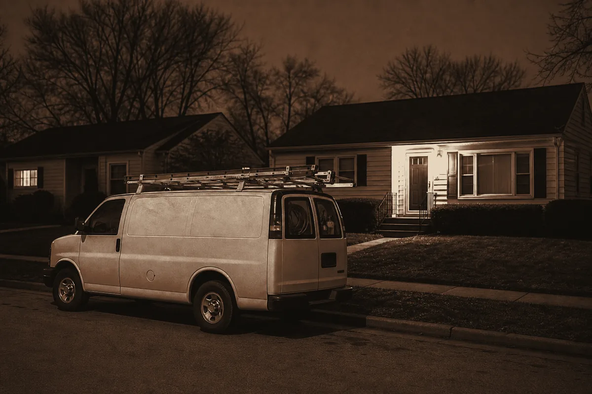 An HVAC service van parked outside a house at night with a warm porch light.