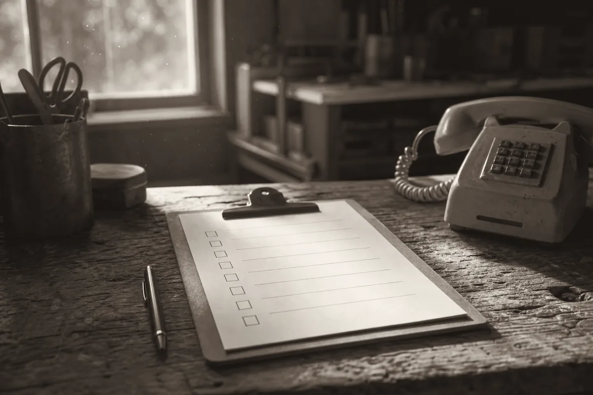A clipboard with a blank checklist, a pen, and a desk phone on a workshop desk.