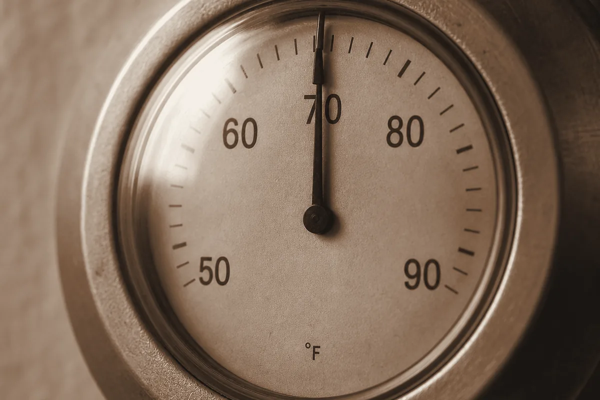 Close-up of a round analog thermostat dial set to 72 degrees.