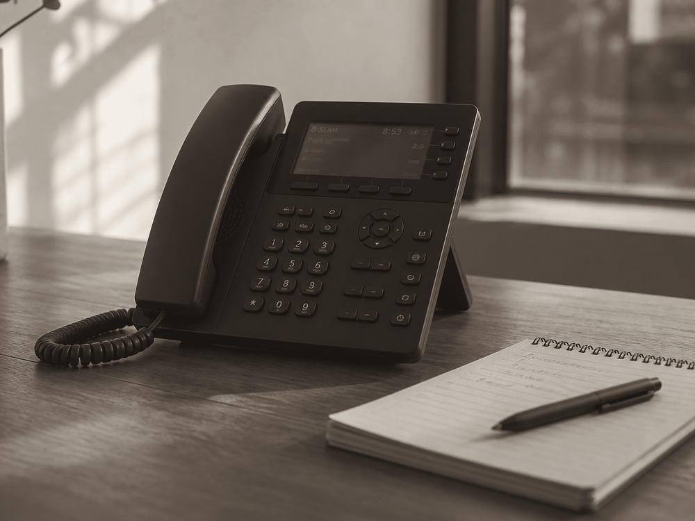 A desk phone and a notepad on a wooden desk in morning light.