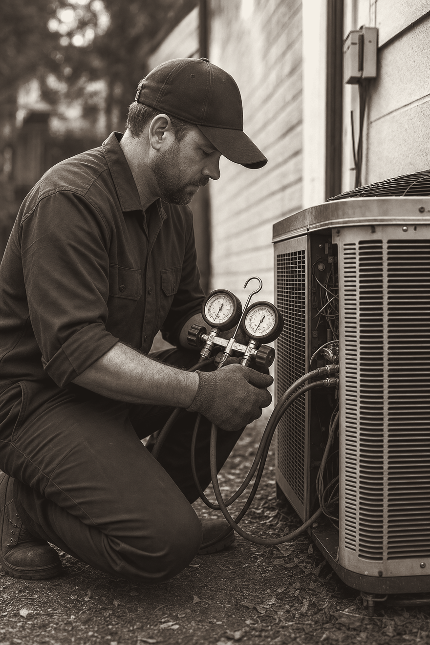 An HVAC technician kneeling at an outdoor condenser unit, checking refrigerant pressure with a manifold gauge.