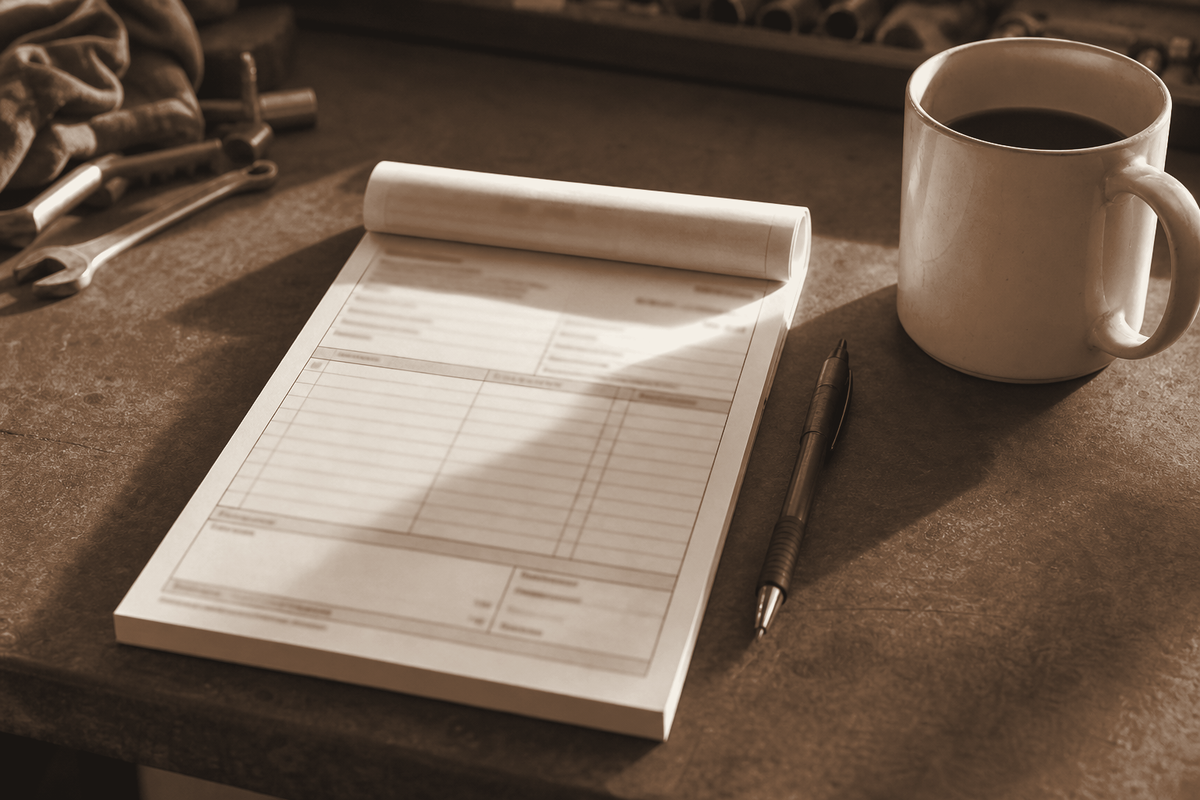 A paper invoice book and pen on a workshop desk in morning light.