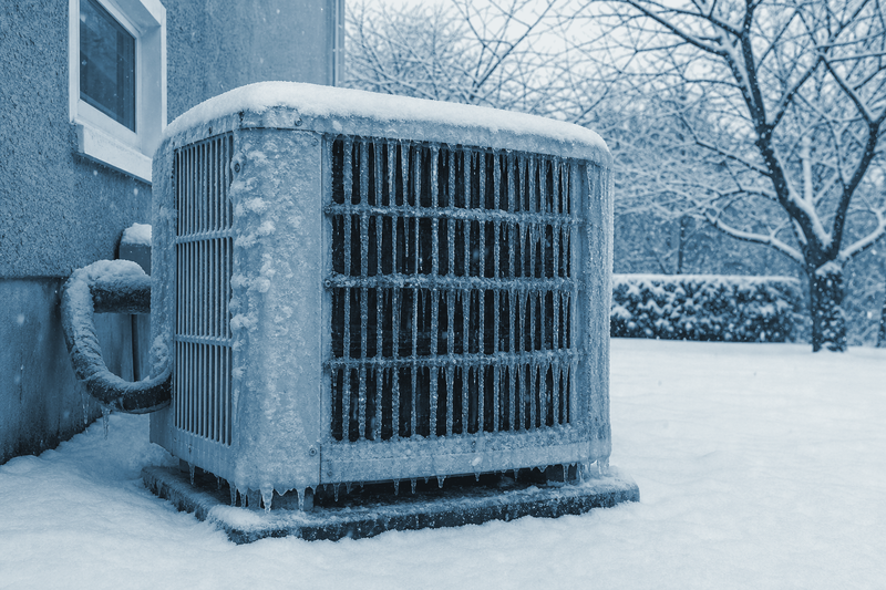 An outdoor AC condenser unit frozen solid with frost and icicles during a hard winter freeze.