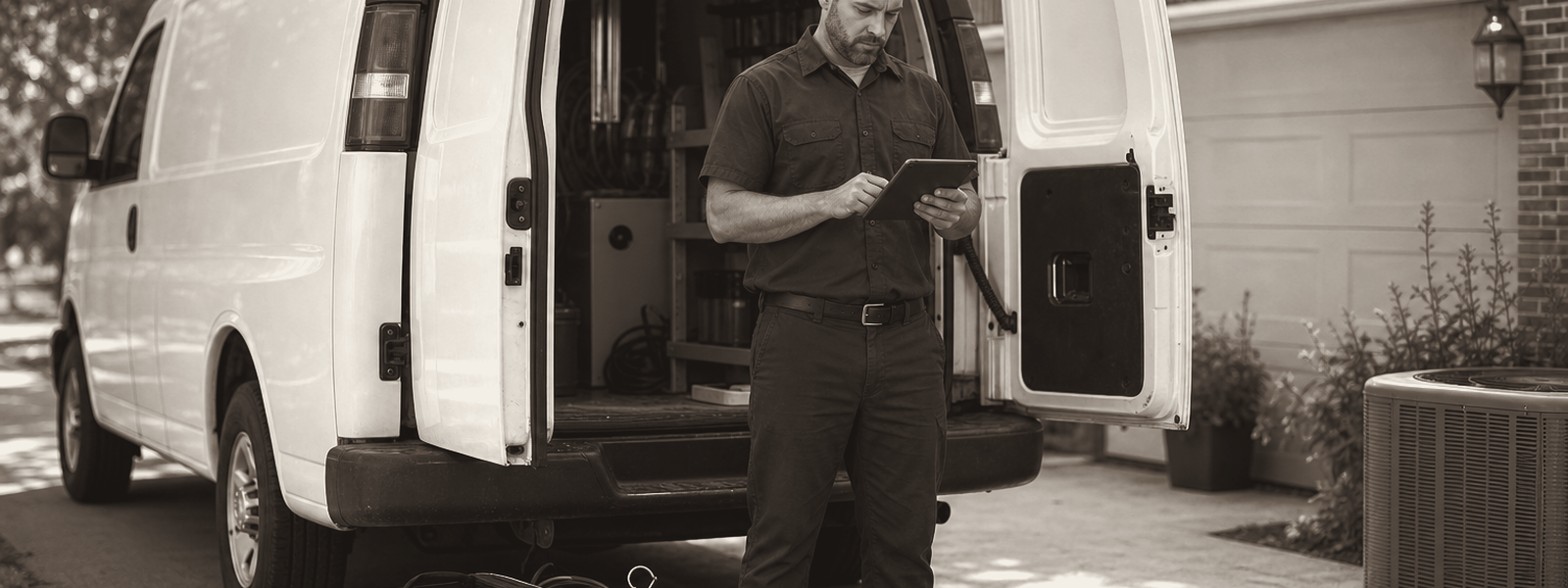 An HVAC technician checking a tablet at the back of his service van in a driveway.