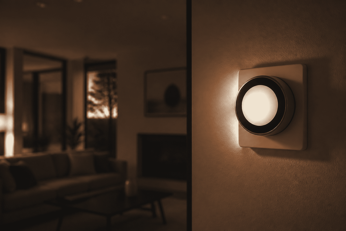 A wall thermostat glowing softly in a dim living room at dusk.